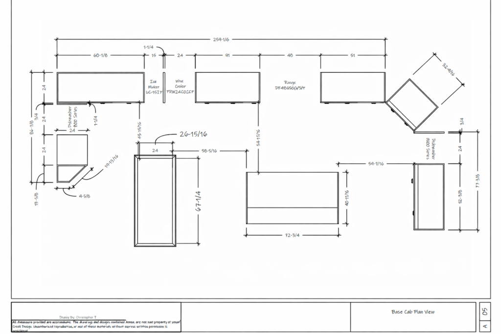 cabinet/appliance arrangement with clearances and key constraints called out.