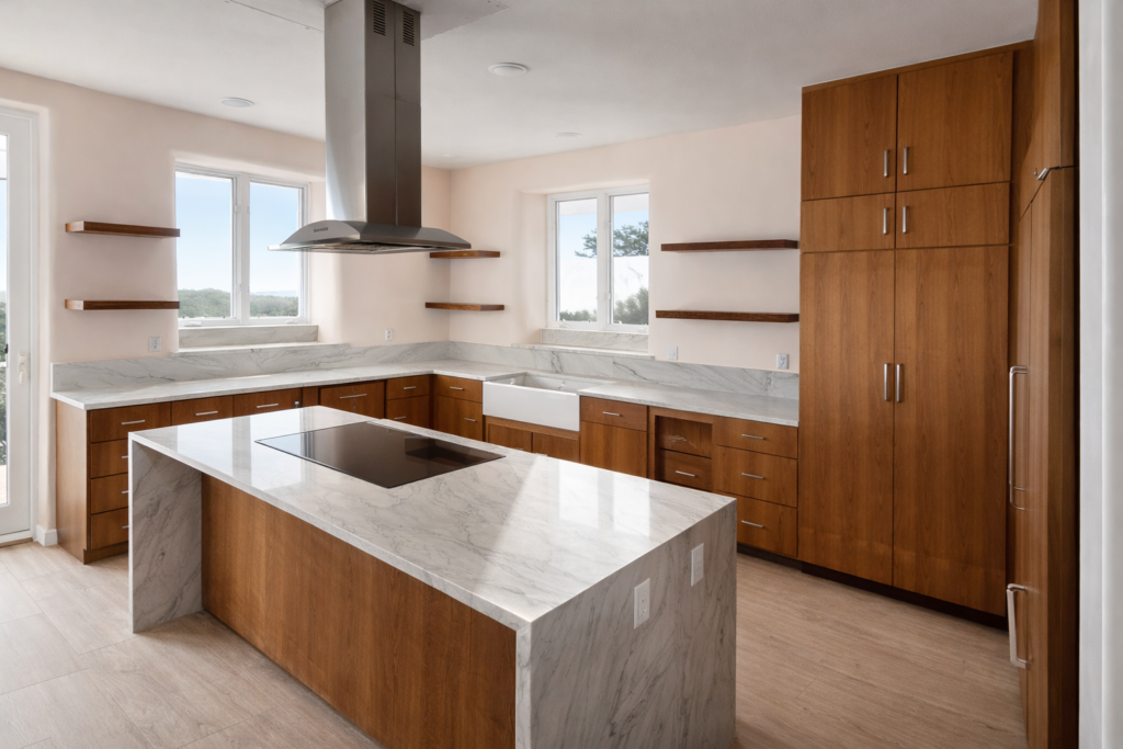 Modern custom kitchen cabinets in Atlanta, GA with waterfall marble island and flat-panel wood cabinetry.