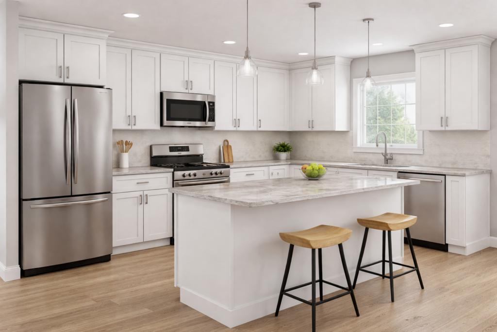 Affordable white shaker kitchen cabinets with island layout and quartz countertops
