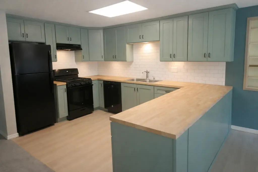 Sage green shaker kitchen cabinets with butcher block countertops, white subway tile backsplash, black appliances, and peninsula seating area.